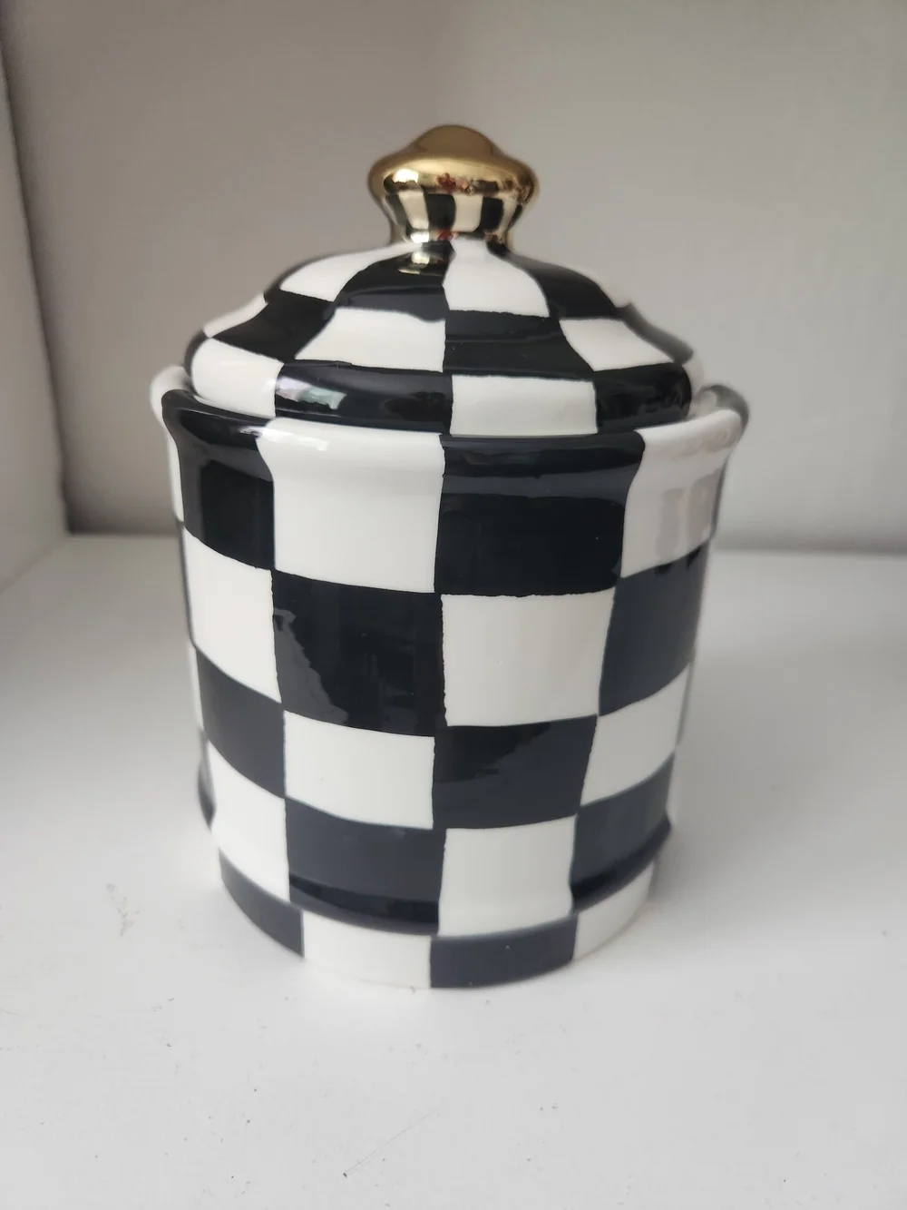 Black & White Check Ceramic Canister with Gold Knob